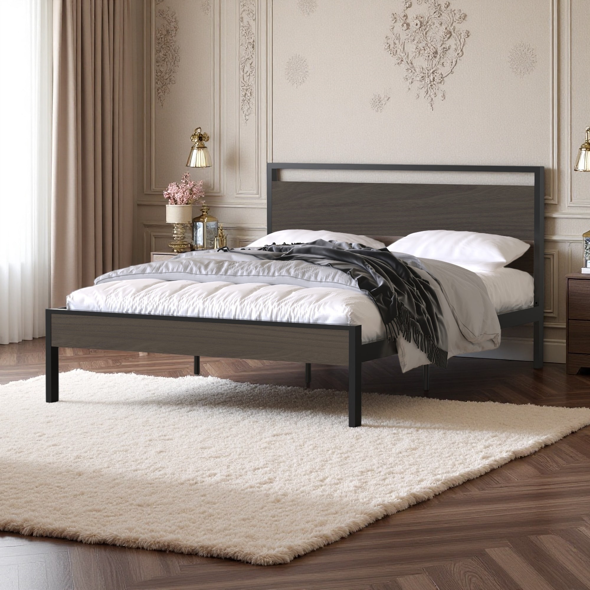 Queen Size Metal Platform Bed with Wood Headboard and No Box Spring Needed