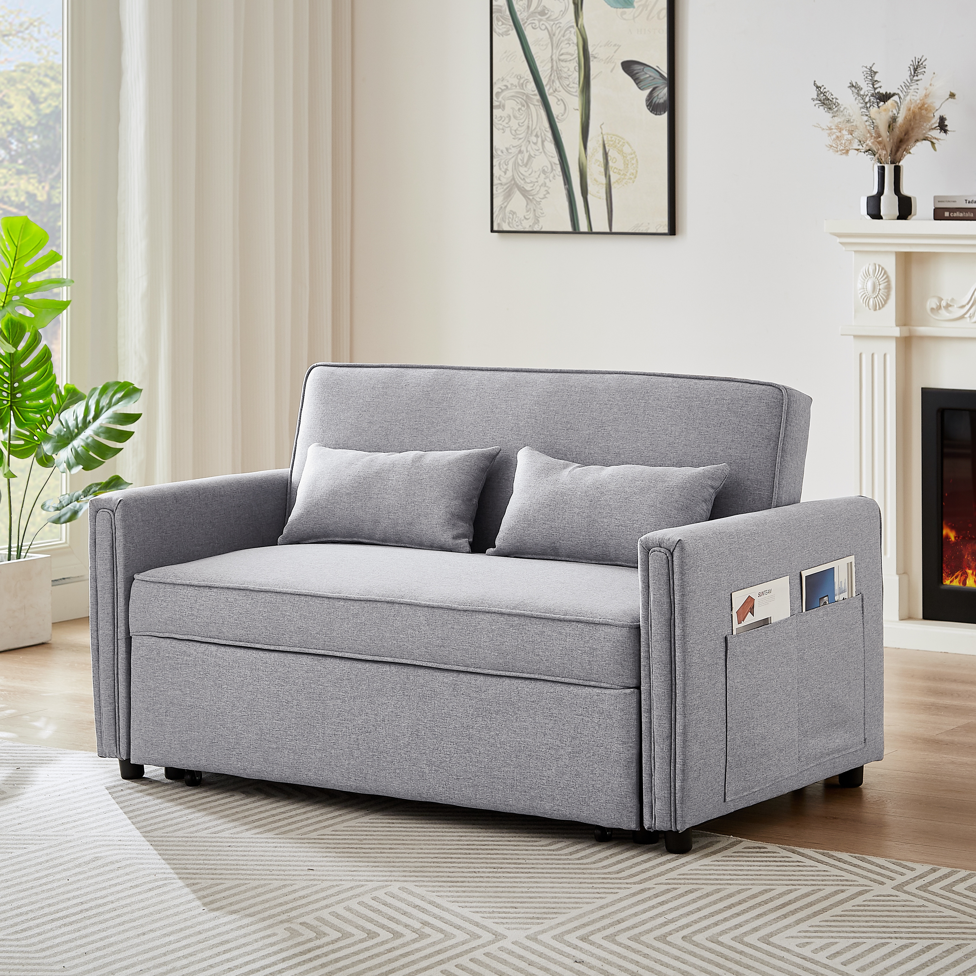 2 Seat Linen Convertible Loveseat Sleeper Sofa Couch with Adjustable Backrest 54 Pull Out Sleeper Sofa Bed w Lumbar Pillows