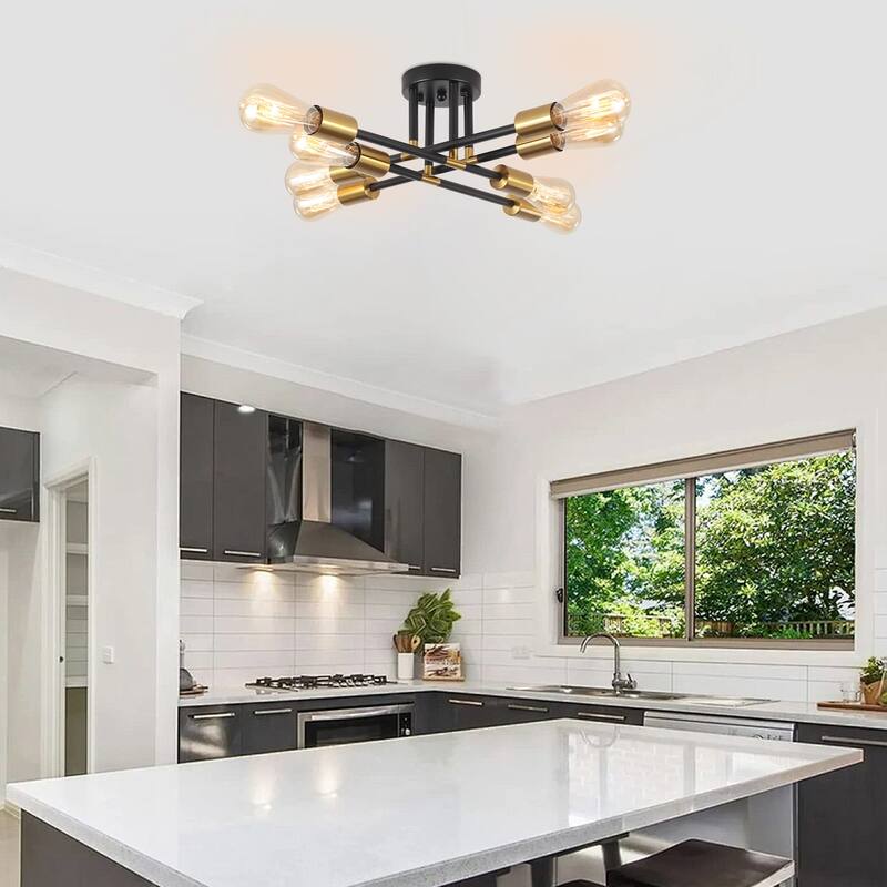 8-Light Industrial Semi Flush Mount Ceiling Light for Kitchen Dining Room Living Room - Black+Gold - N/A