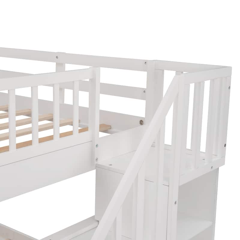 Full Over Full Bunk Bed with Stairs, Storage and Safety Guard Rail