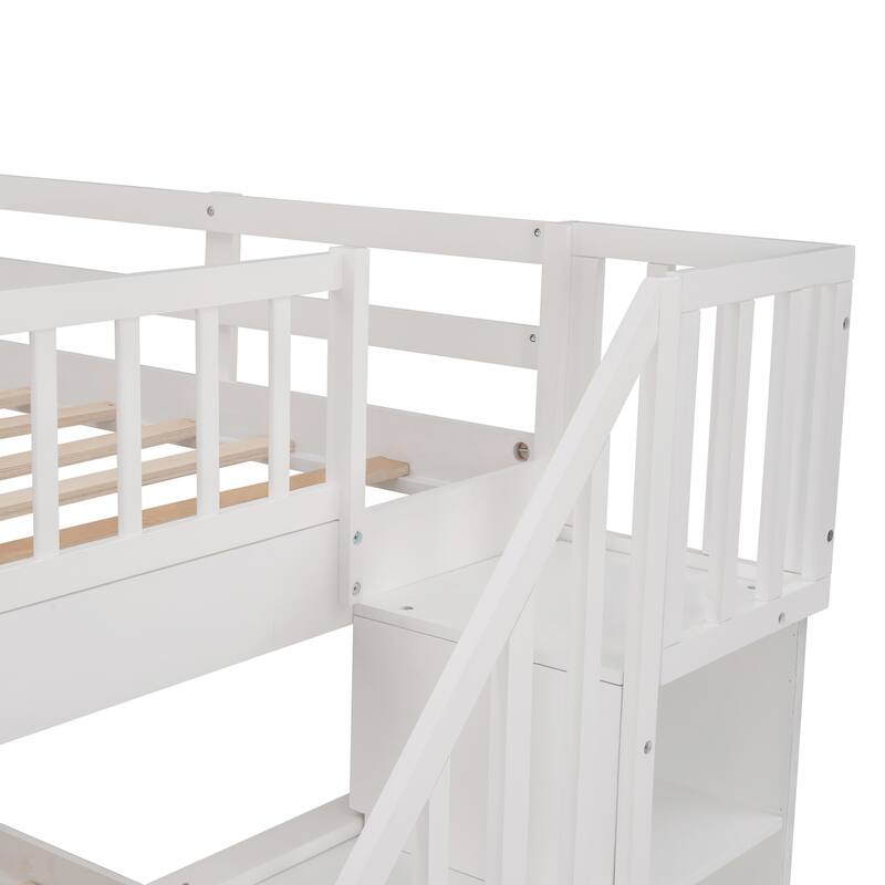 Versatile Full Over Full Bunk Bed Convertible 2 Individual Full-size Beds with Drawer, Stairway, Open Storage and Guard Rail