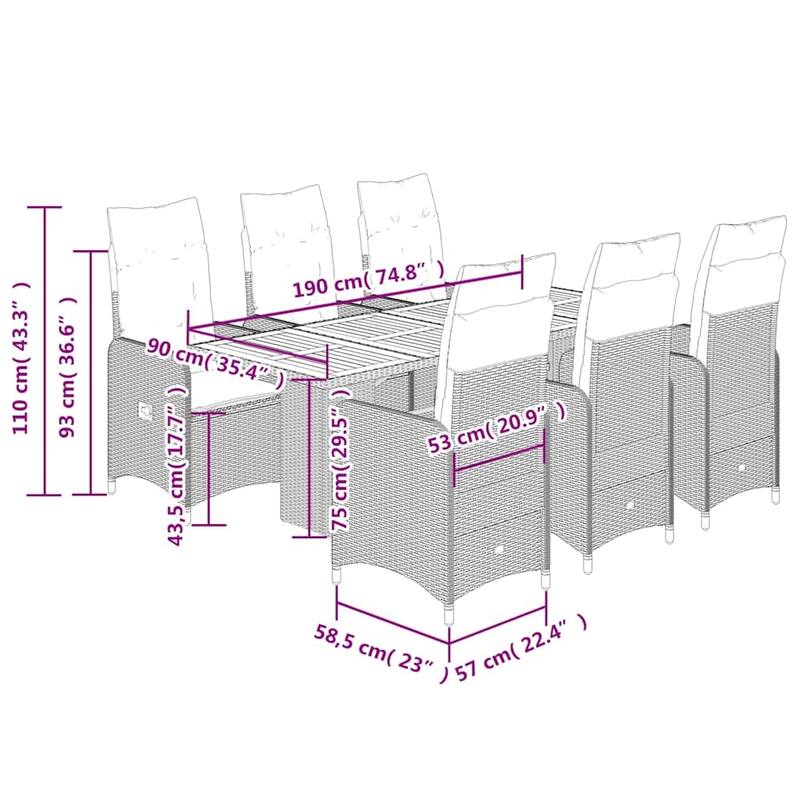 vidaXL Bistro Set Black PE Rattan 8-seater Adjustable Armrests - 23.0 x 21.5 x 36.2 in
