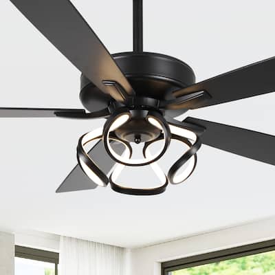 52" Contemporary Black Dimmable LED Ceiling Fan with Light and Remote