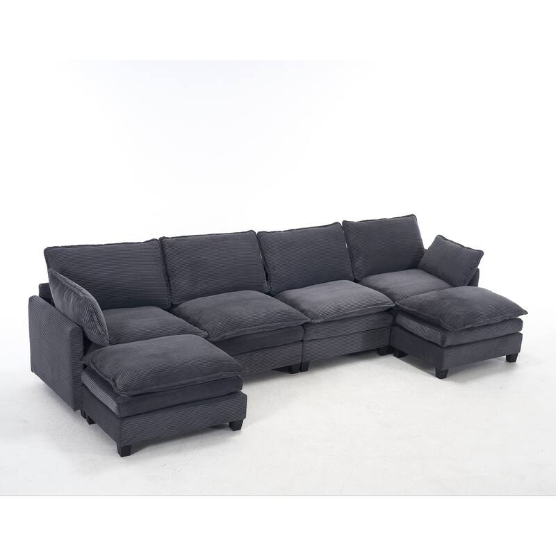 Oversized Modular Deep Seat Couch with Chaise, U-shaped Sectional Sofa with 2 Ottomans, 2 Lumbar Pillows and Double Cushions