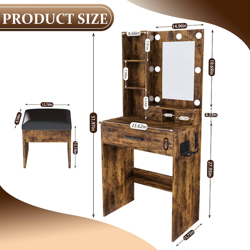 Small Vanity Desk with LED Mirror, Charging Station, Hairdryer Holder & Storage Drawers, Makeup Table with Stool