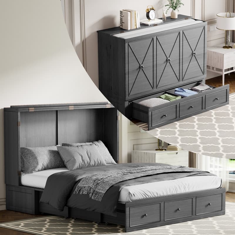 Mixoy Murphy Bed with Foldable Mattress,Modern Cube Cabinet Bed with Storage Drawer & USB Charging Station - Dark Grey