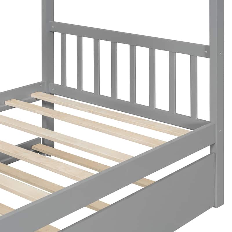 Roomfitters Twin Size Wooden House Bed with Trundle, Modern Playhouse Design with Guardrails