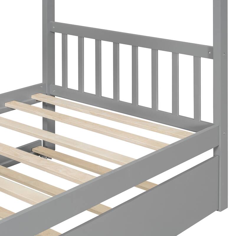 Twin Size Wooden House-Shaped Bed With Twin Size Trundle