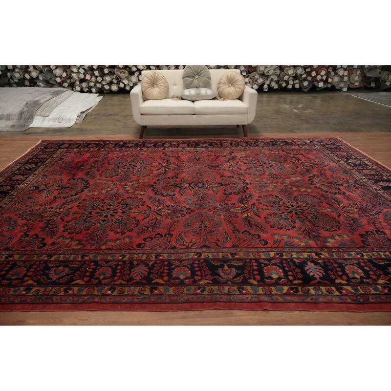 Hand Knotted Oriental 100% Wool Carpet Traditional Floral Pink Sarouk Area Rug - 13' 3'' X 10' 3''