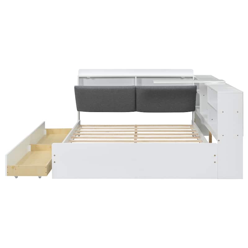 Space-Saving Daybed with 2 Storage Drawers and Bookcase, Wooden L Shaped Platform Bed Frame with Shelves, No Box Spring Needed