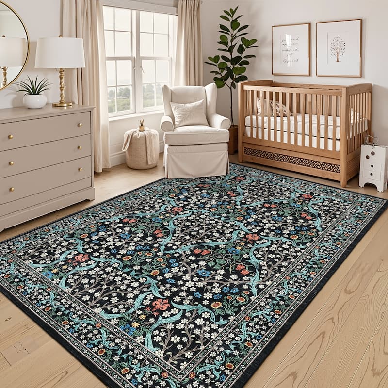 Floral Area Rugs for Living Room Bedroom Indoor Soft Low Pile Non-Slip Rug Farmhouse Rug Home Decor - 4'x6' - Black