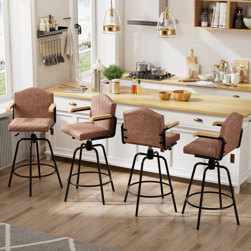 VECELO Set of 2/4 Brown PU Leather Swivel Bar Stools Comfortable Swivel Bar Stools with Footrest Fixed Height Tufted Bar Stools