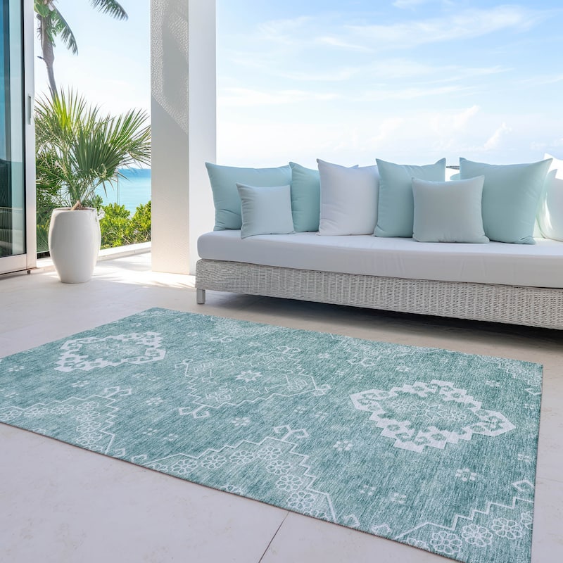 Machine Washable Indoor/ Outdoor Chantille Traditional Boho Rug - Aqua - 9' x 12'