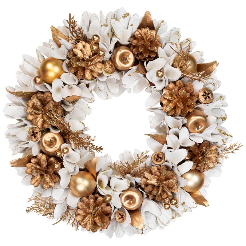 Glittered Wood Petals and Apples Christmas Wreath - 13.5" - Unlit