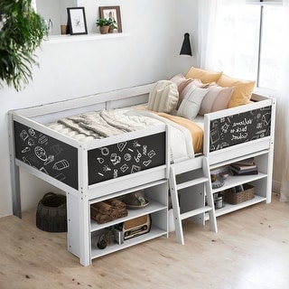 Elegant Twin Size Low Loft Bed with Two Movable Shelves and Ladder, with Decorative Guardrail Chalkboard, Space Saving, White