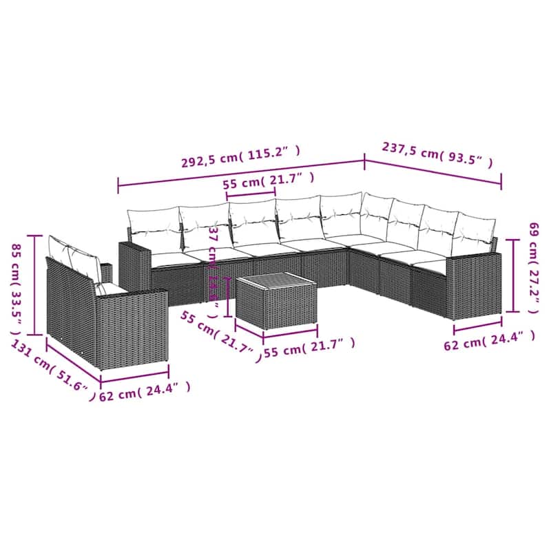 vidaXL Patio Sofa Set with Cushions Outdoor Furniture 11 Piece Poly Rattan - 25.8 x 24.4 x 27.2