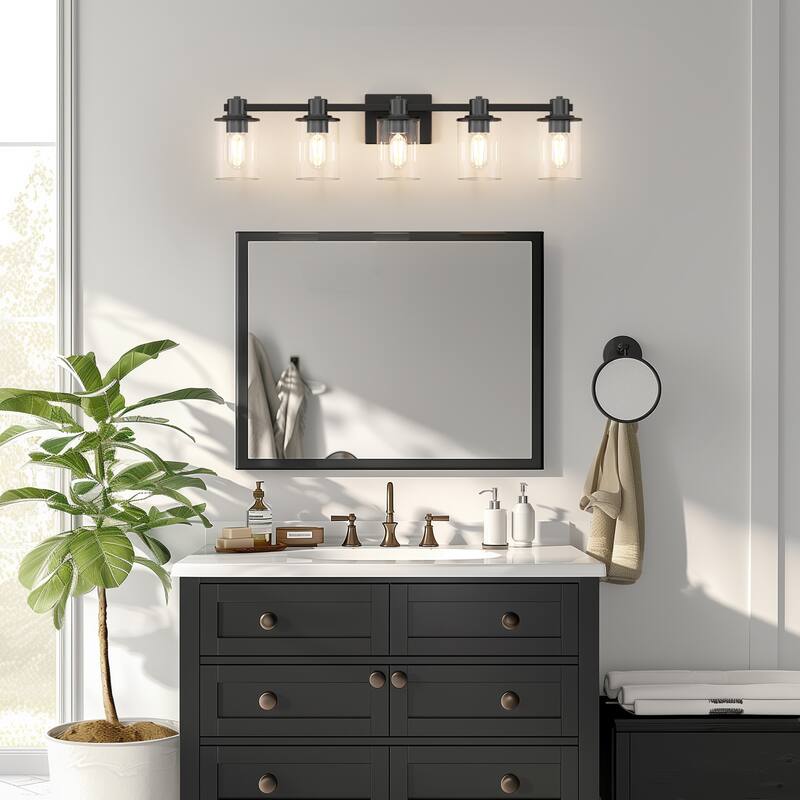 YANSUN 31.5 in. 5-Light Black Metal Vanity Light with Round Clear Glass Shades for a Sophisticated Look - 31.5*5.27*7.87