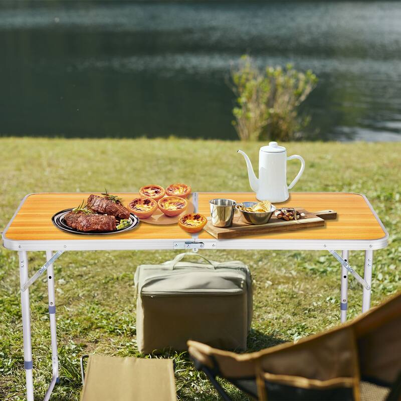 Portable Folding Table with Aluminum Frame and Wood Grain Top