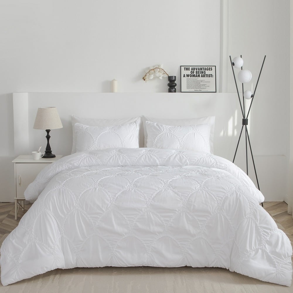 Embroidered Puckered Microfiber 3pcs Comforter Set, Scale Design Contemporary Bedding Set