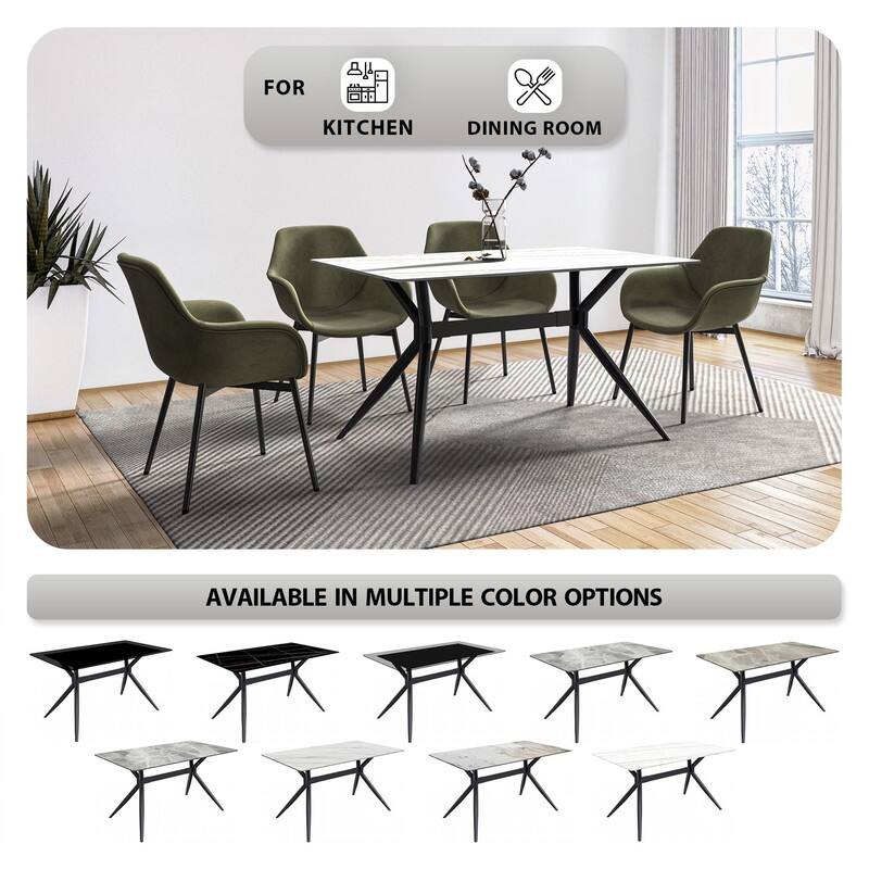 Elega Modern Contemporary Rectangular Glass/Sintered Stone Dining Table with Black Stainless Steel Base for Dining Room/Kitchen