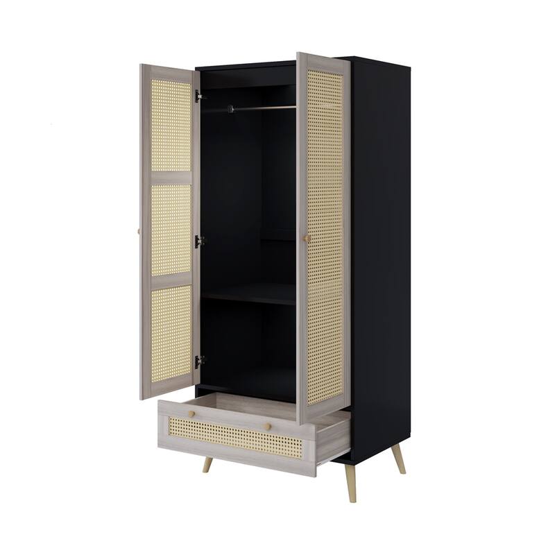 70.8" Tall Armoire Wardrobe Closet with 2 Rattan Doors & 1 Drawer