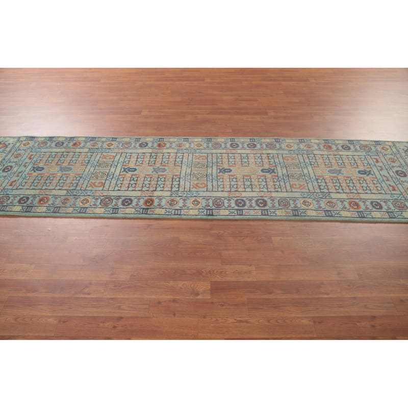 All-Over Blue Khotan Oriental Runner Rug Wool Carpet - 2'7"x 9'11"