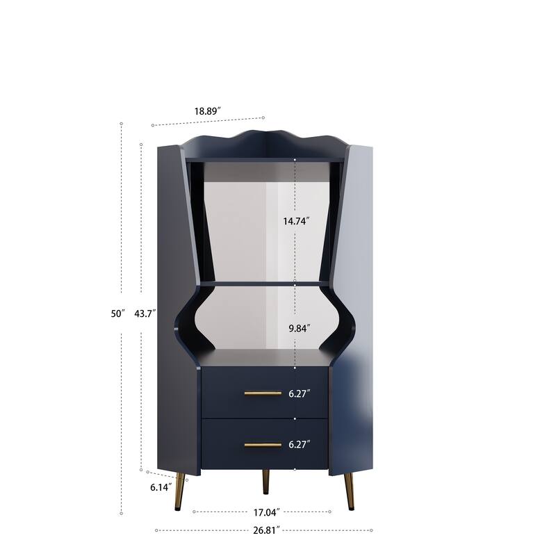 Modern Wooden Corner Bar Cabinet with Mirrored Back, 2 Drawers and Open Shelves, Buffet Sideboard for Dining or Living Room