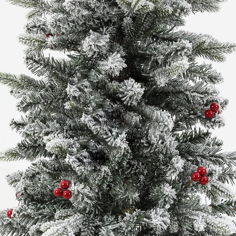 Pre-Lit LED 5ft Snow Flocked Artificial Christmas Tree with Red Berries and Metal Pot - 60" H x 25.5" W x 25.5" D