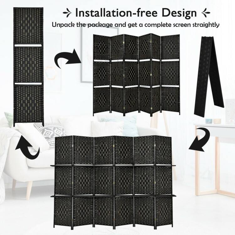 6 Panel Folding Weave Fiber Multipurpose Room Divider with 2 Display Shelves - 95" x 71" (L x H)