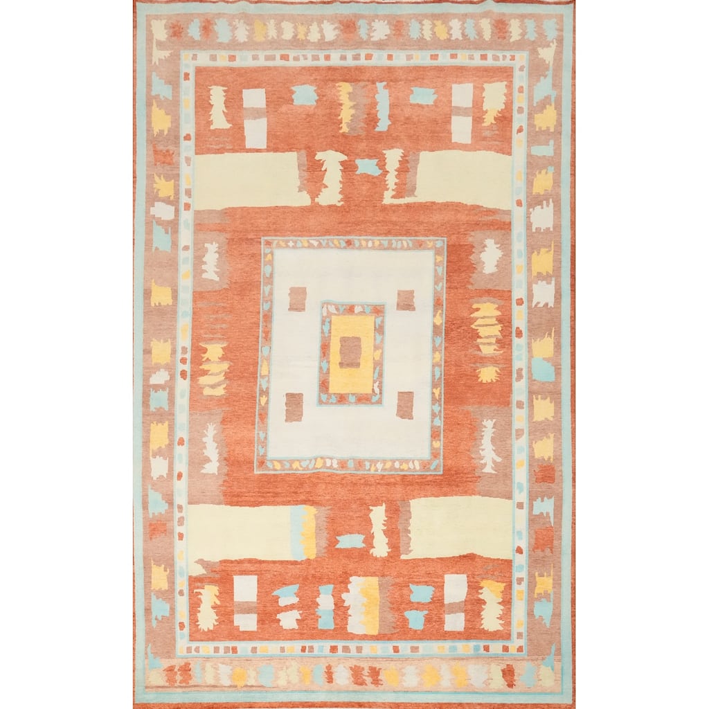 Hand Knotted Oriental 100% Wool Carpet Modern Geometric Oranges & Rust Gabbeh Area Rug - 14' 1'' X 9' 11''