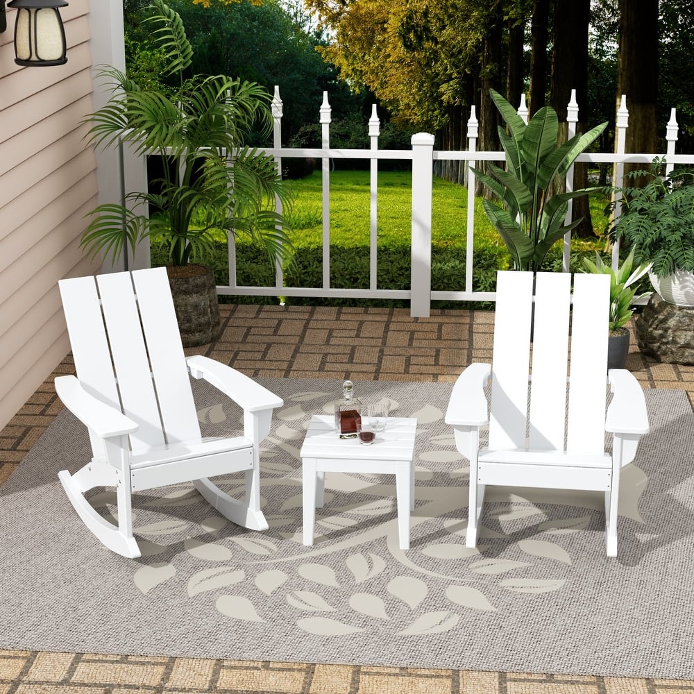 Shoreside Modern Eco-Friendly All Weather Poly Adirondack Rocking Chairs with Side Table (3-Piece Set)