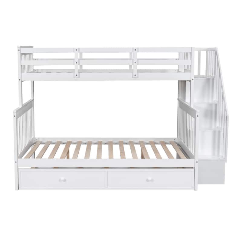 Twin-Over-Full Bunk Bed with Storage Stairway and Twin Trundle, Solid Pinewood Bunk Bed Frame, Divided Into 2 Individual Beds