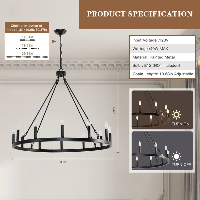 Black Wagon Wheel Chandelier 12-Light Adjustable Farmhouse Pendant Light for Dining Room Entryway