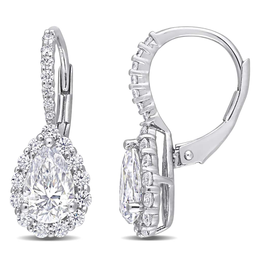 Miadora 2 5/8ct DEW Pear-cut Moissanite Halo Drop Leverback Earrings in Sterling Silver