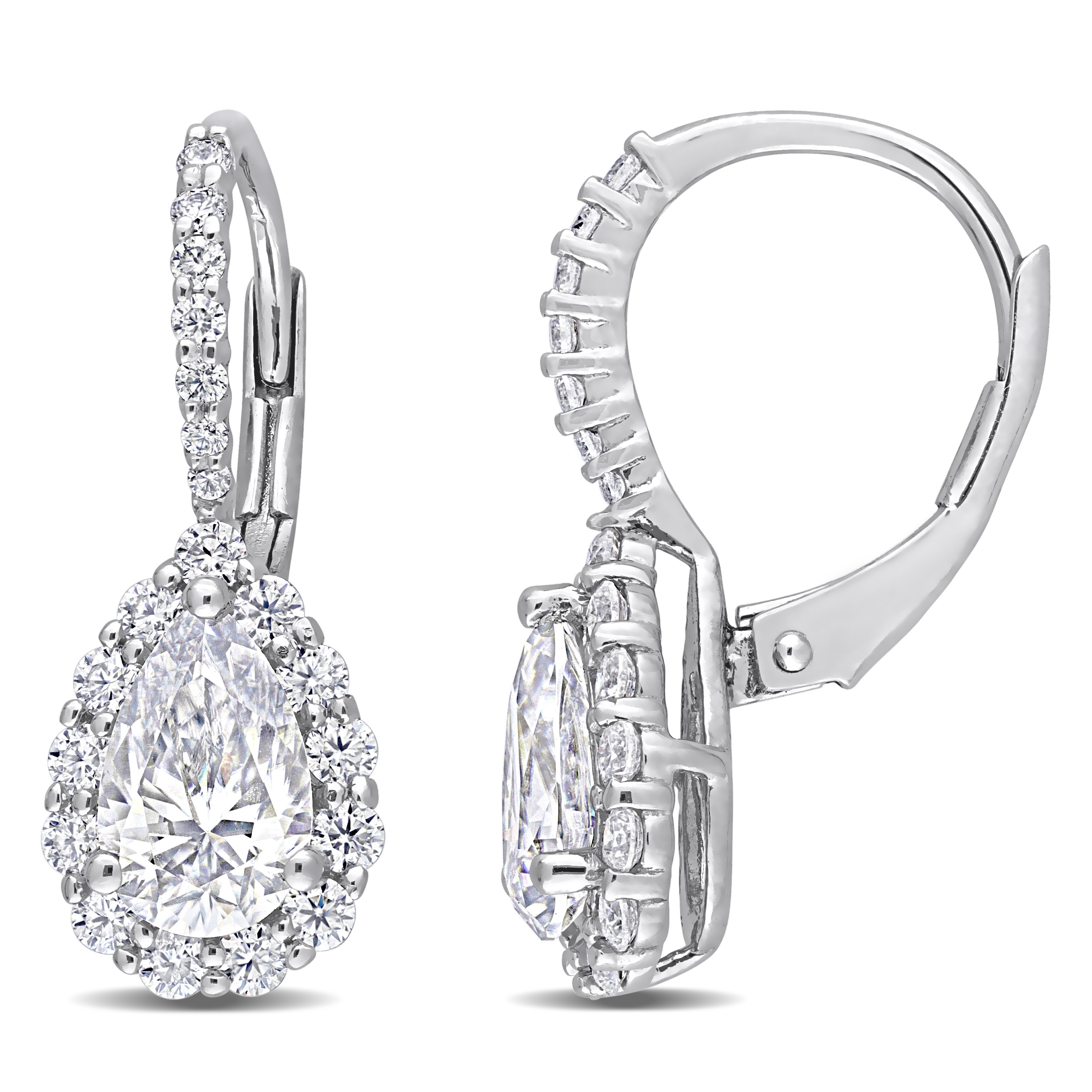Miadora 2 5/8ct DEW Pear-cut Moissanite Halo Drop Leverback Earrings in Sterling Silver