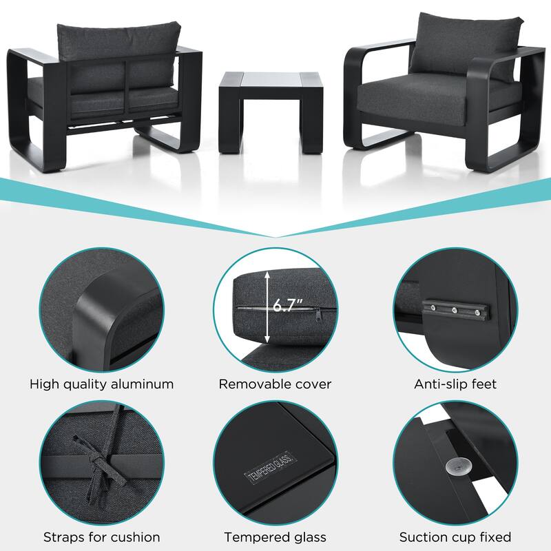 3-Piece Aluminium Chair Set with Coffee Table & Cushion