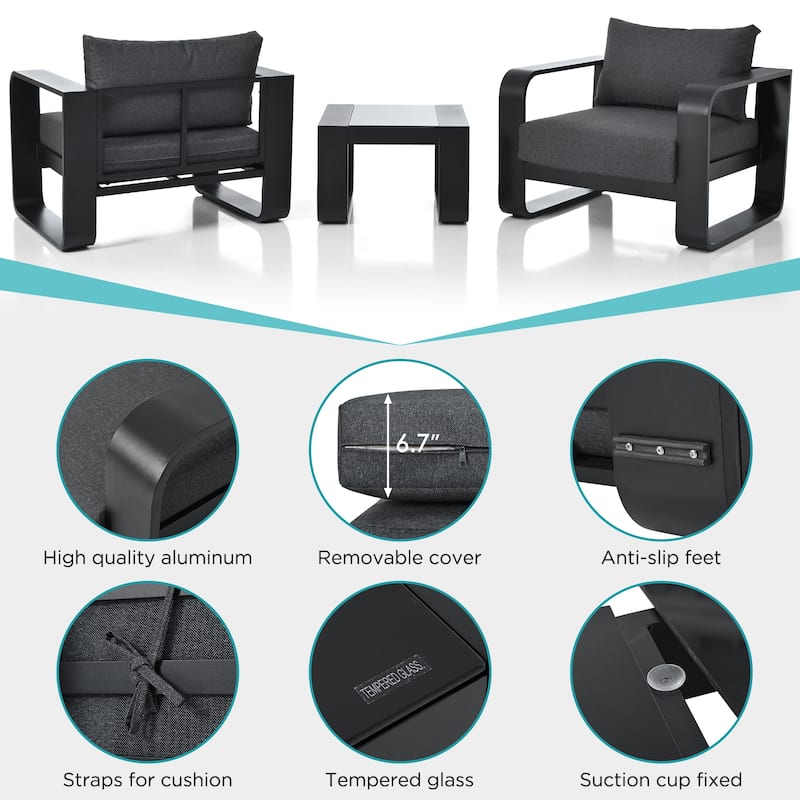 3-Piece Outdoor Aluminium Chair Set with Coffee Table and Thick Cushion