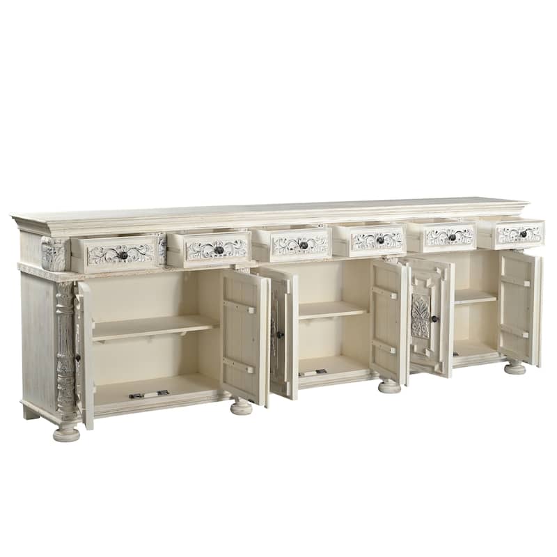 HomeRoots 118" White Distressed Solid Wood Carved Floral Six Drawer Sideboard with Six Doors