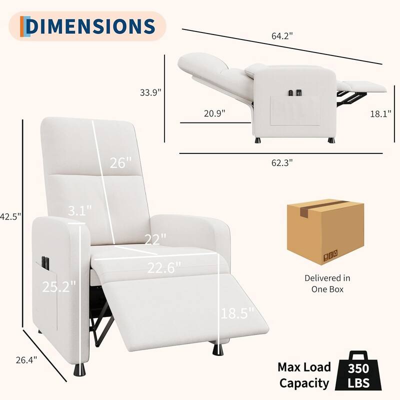 Power Recliner Chair, with 2 Side Pockets and USB Port