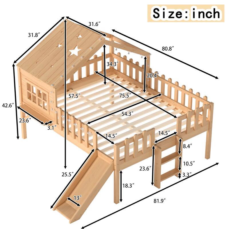 Full Size House Loft Bed with Slide,Playhouse Bed with Star Moon-shaped Designs and Window, Chic Design with LED Lights