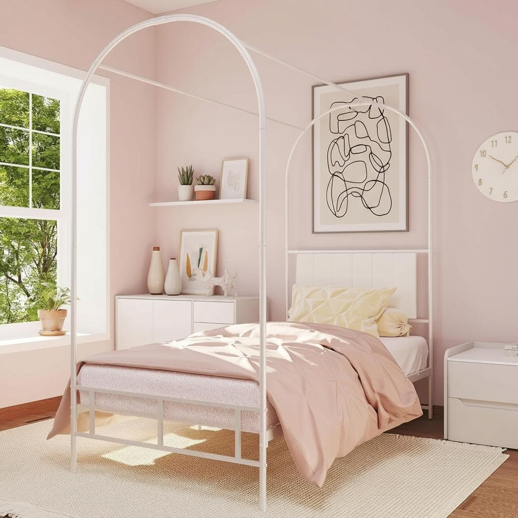 Twin Canopy Bed Frame, with Upholstered Headboard