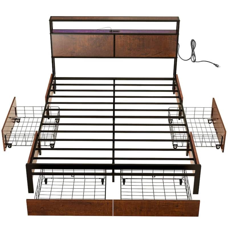 Modern Platform Bed Frame with LED Lights Storage Headboard Drawers USB and AC Outlets Wood Grain Finish - King