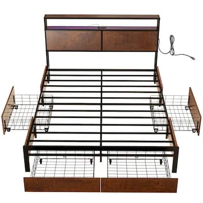 Modern Platform Bed Frame with LED Lights Storage Headboard Drawers USB and AC Outlets Wood Grain Finish