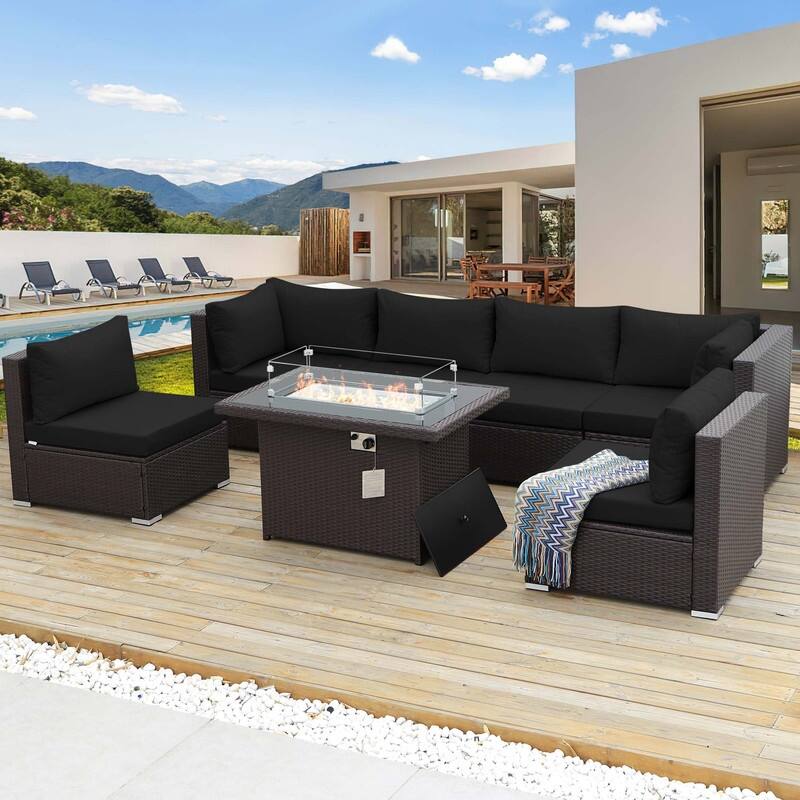 7-Piece Outdoor Deep Seating Sectional Wicker Patio Conversation Set with Fire Pit - Black