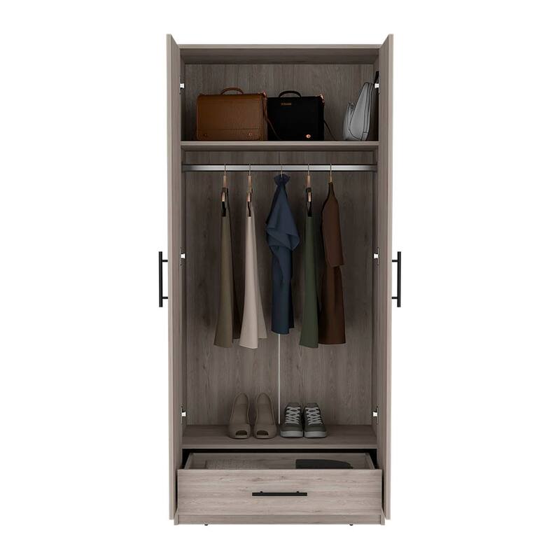 19.69" Modern Double-door Armoire with Hanging Rod, Spacious Top Shelf and Bottom Drawer