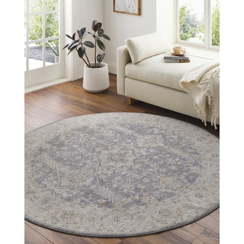Livabliss Traditional Avant Garde Floral & Botanical Area Rug - 7'10" x 7'10" Round - Charcoal
