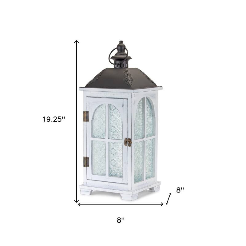 Set of Two White and Black Glass Wood and Metal Ornate Floor Lantern Candle Holders - One Size
