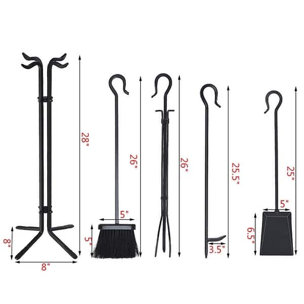 5 Pieces Fireplace Iron Standing Tools Set - base: 8" x 8" x 28" (L x W x H)