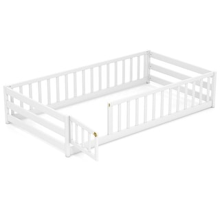 Costway Twin Size Floor Bed with Door & Fence with Safety Guardrails &