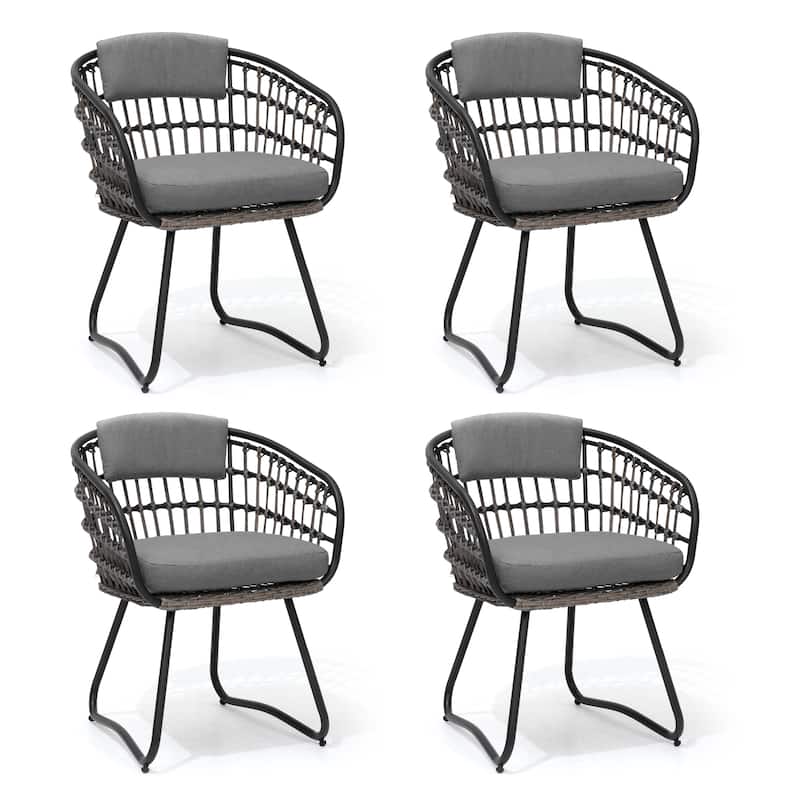 Outdoor Patio Wicker Dining Chairs PE Rattan Seating Set with Cushion - Grey - Set of 4